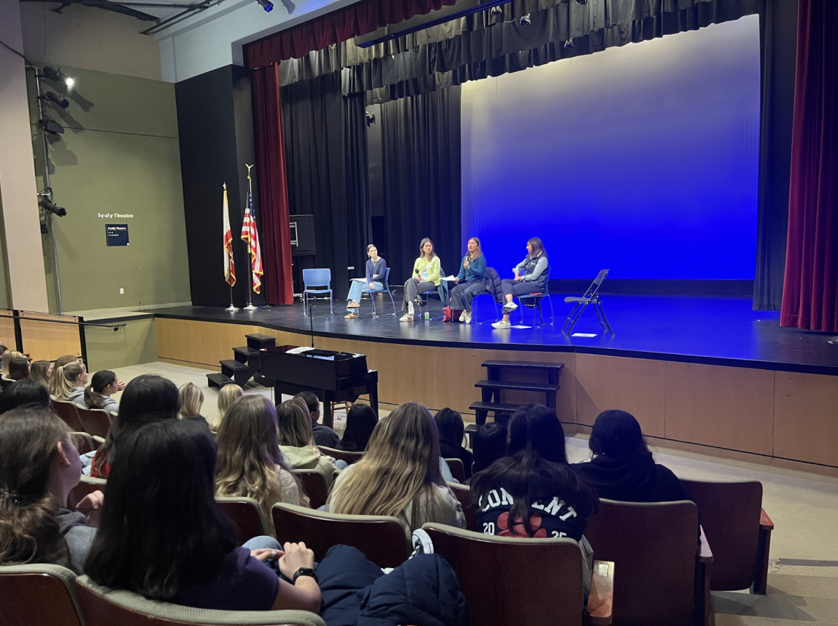 The Convent High School alumni return to answer questions about college. Seated (from left to right) are Deirdre Kenny, Livi Webb-Purkis, Chelsea Li and Ariana Nassiri.